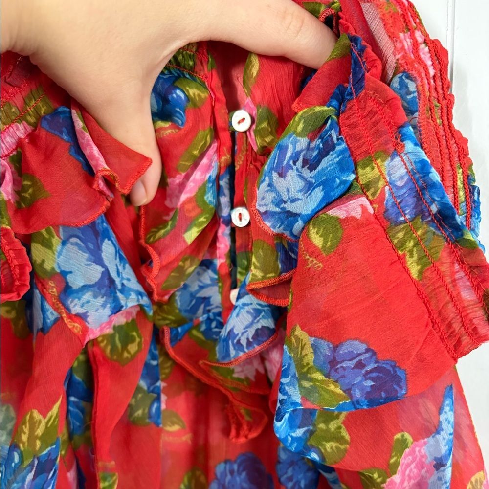 Abercrombie Kids Y2K Red Floral Sheer Stretch Ruffle Top XL Preppy Cute Vintage - Picture 8 of 9